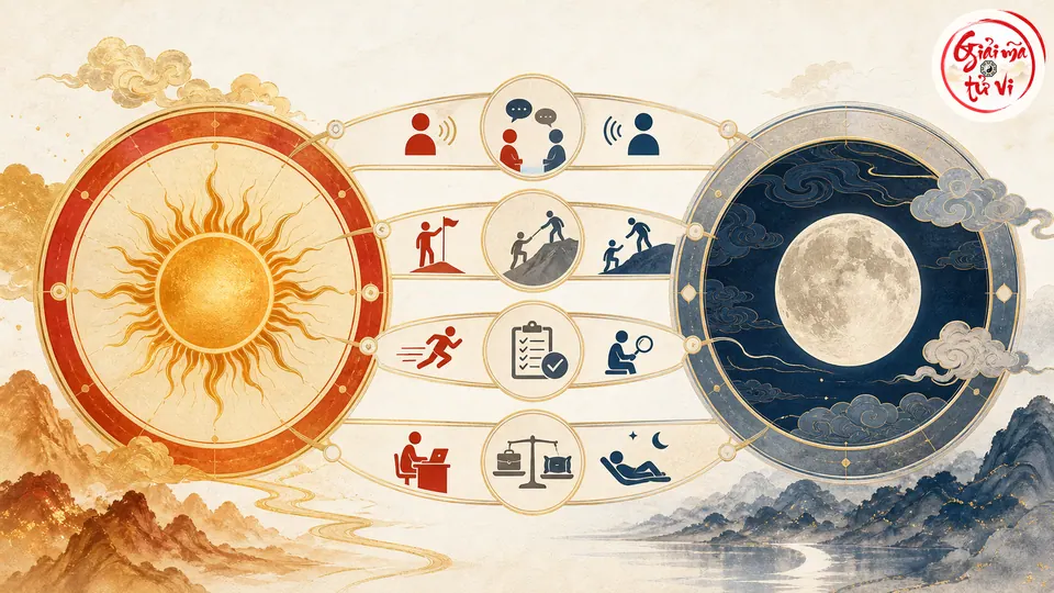 Hai mặt số Thái Dương và Thái Âm nối qua các cặp hành vi nói nghe, dẫn dắt hỗ trợ, hành động xem lại và làm việc nghỉ ngơi