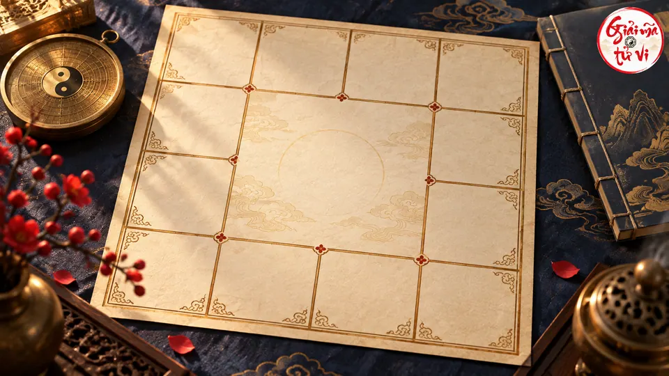 Khung giấy có các ô trống quanh vùng giữa, đặt trên vải xanh đậm cạnh la bàn và sách, logo Giải Mã Tử Vi ở góc trên phải