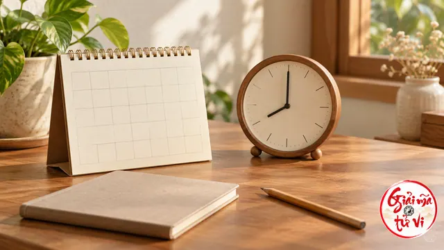 Lịch để bàn có ô trống, đồng hồ và sổ đóng bên cửa sổ