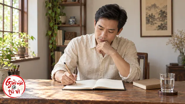 Người đàn ông cầm bút bên sổ mở để trống trên bàn gỗ