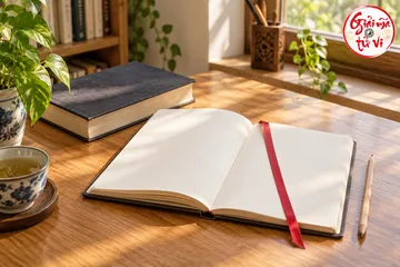 Sổ mở trang trống với dải đánh dấu màu đỏ, sách bọc vải và bút chì trên bàn cạnh cửa sổ