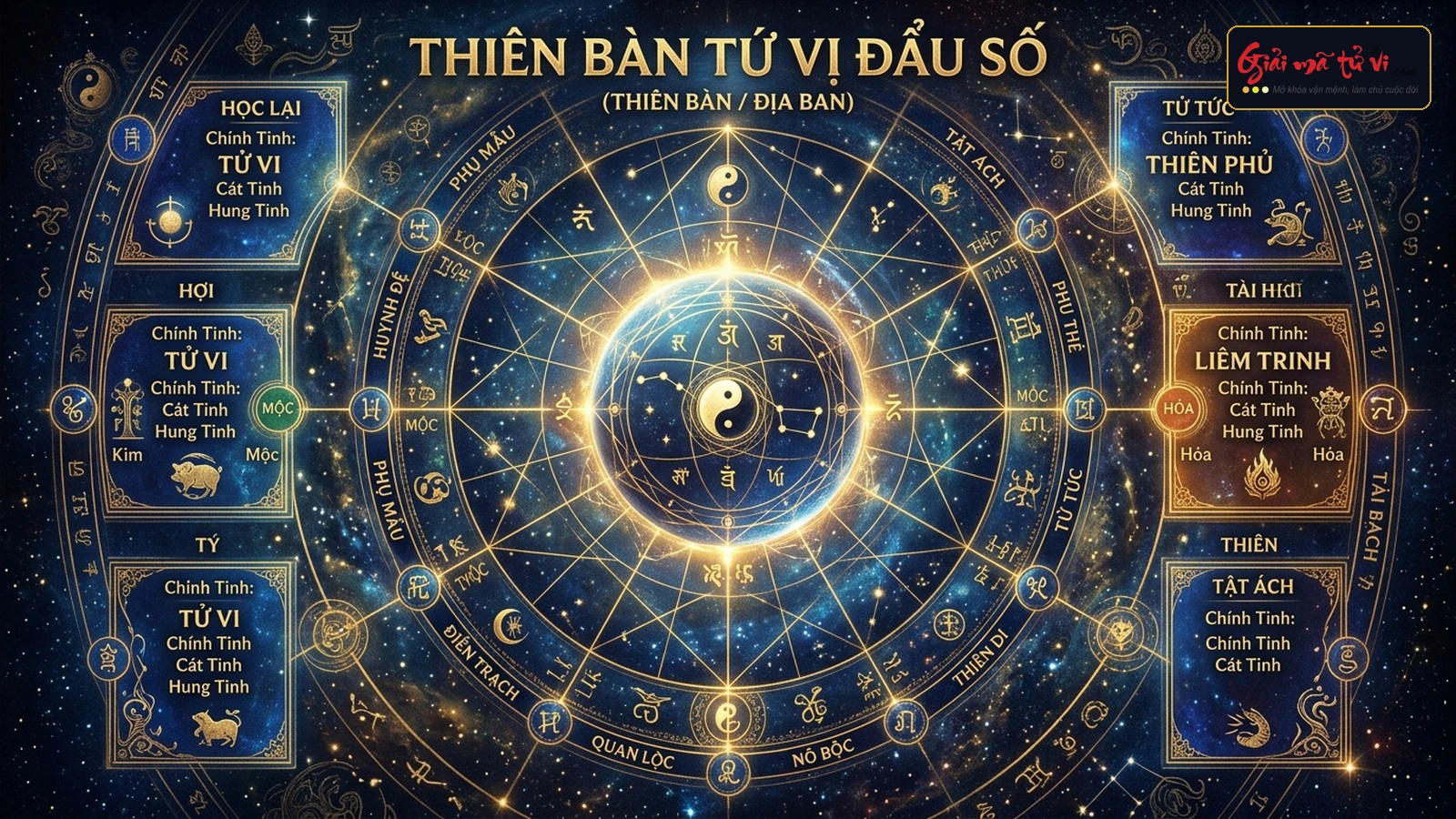 Sơ đồ nghệ thuật mô phỏng Thiên Bàn ở trung tâm và 12 cung Địa Bàn với các tinh đẩu và cung vị Tử Vi