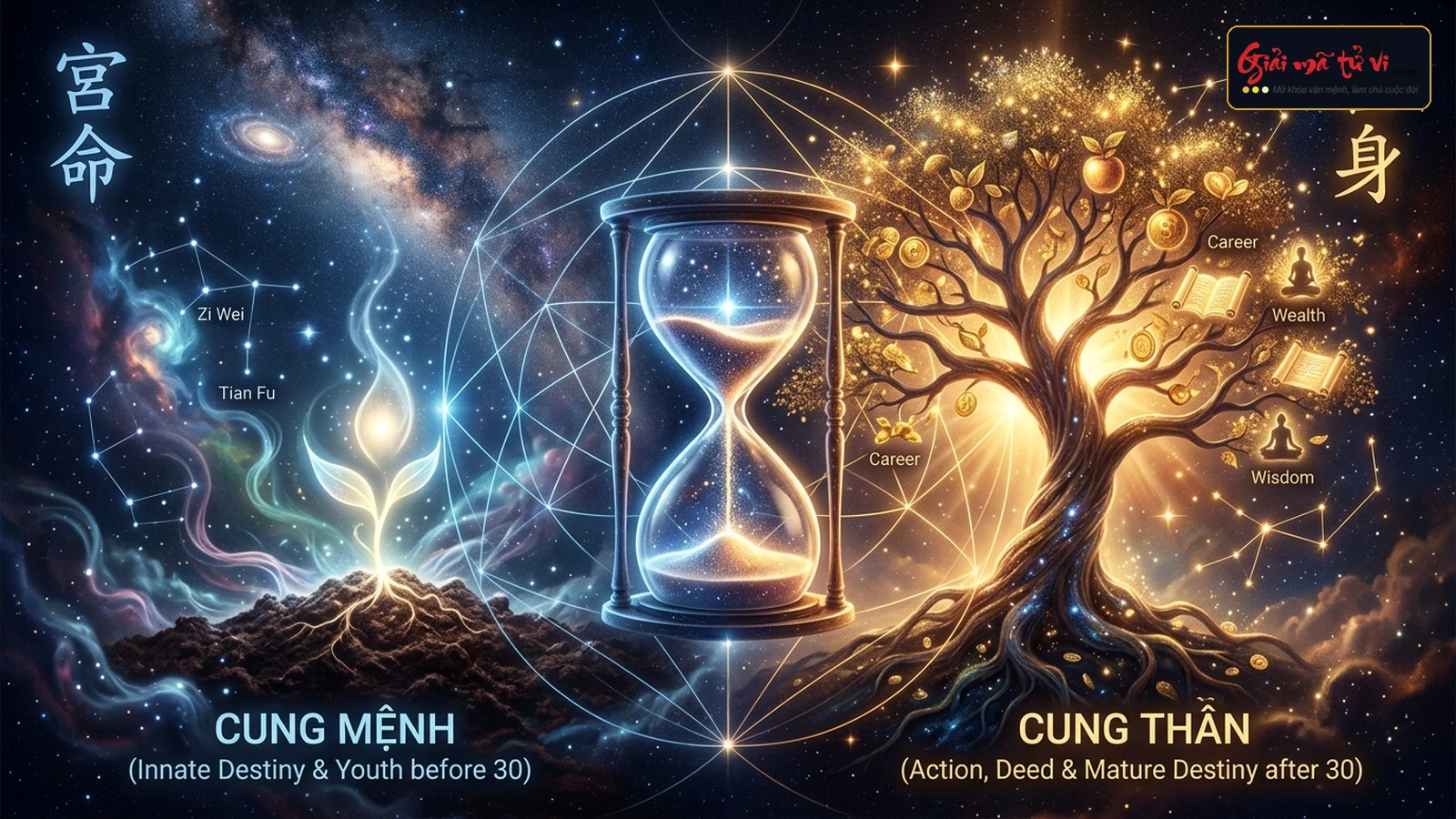 Tác phẩm nghệ thuật triết lý đối chiếu giữa Cung Mệnh mầm sống tiền vận và Cung Thân cây đời đơm hoa kết trái hậu vận qua chiếc đồng hồ cát thời gian