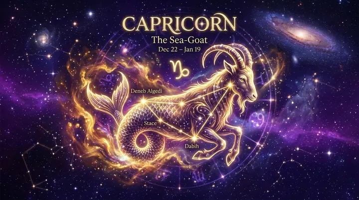 Hình vẽ cung Ma Kết Capricorn dạng dê biển ánh vàng rực rỡ cùng các vì sao Deneb Algedi và Dabih giữa dải thiên hà vũ trụ