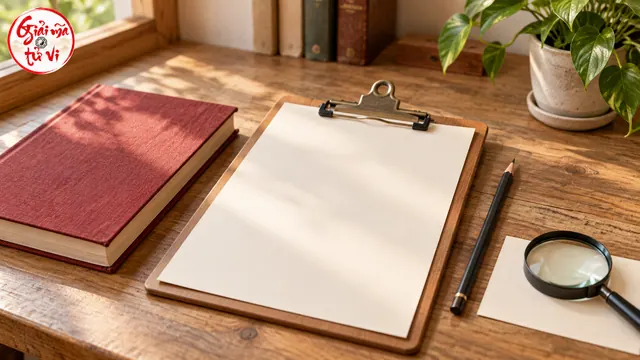 Tờ giấy trắng trên bảng kẹp, sách đóng, bút chì và kính lúp trên bàn gỗ