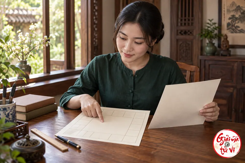 Người phụ nữ áo xanh đối chiếu tờ giấy trống với khung ô trên bàn gỗ, tay chỉ vào vùng giữa