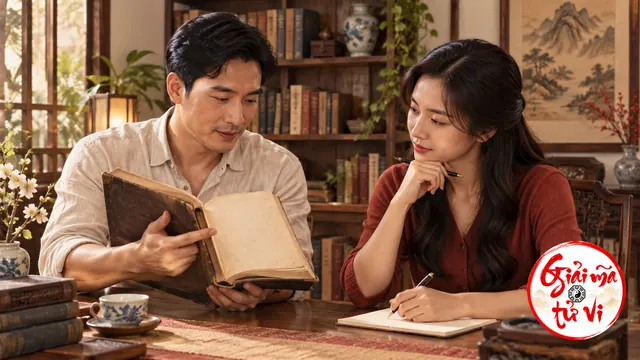 Hai người ngồi đối chiếu sách mở và ghi chú tại bàn trong phòng đọc