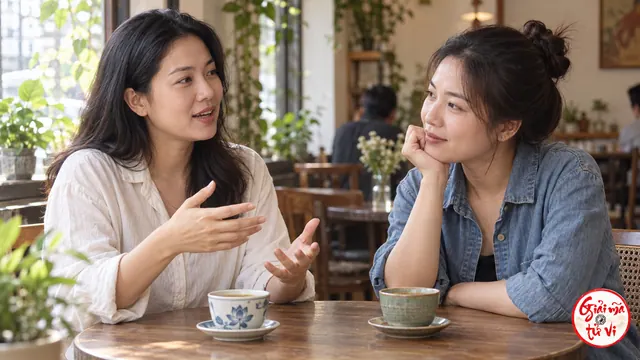 Hai người phụ nữ trò chuyện và lắng nghe nhau bên hai chén trà