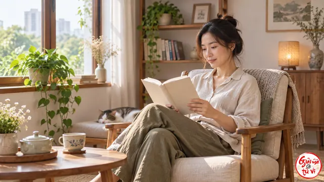 Người phụ nữ đọc sách trên ghế cạnh cửa sổ sáng và bàn trà