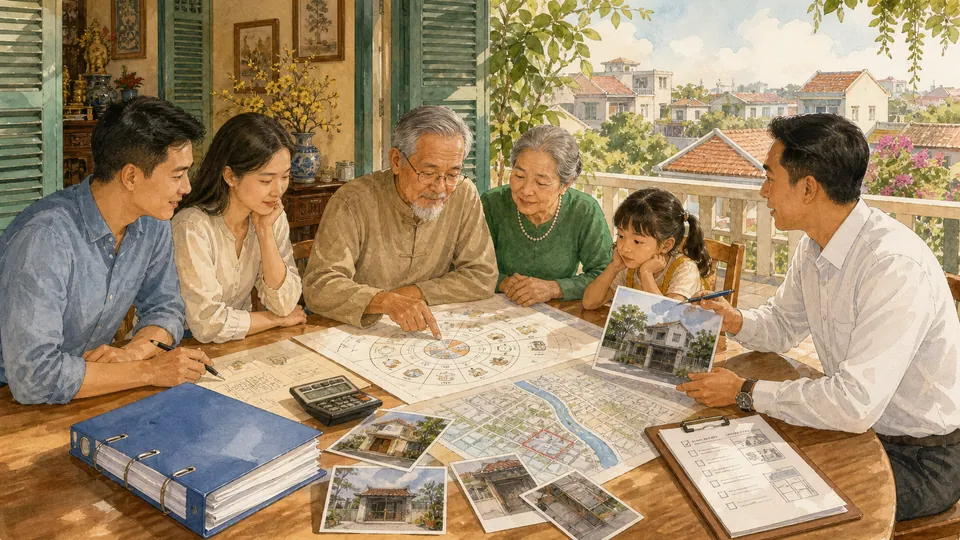 Gia đình đối chiếu biểu tượng Điền Trạch với ngân sách pháp lý và khảo sát ngôi nhà thực tế