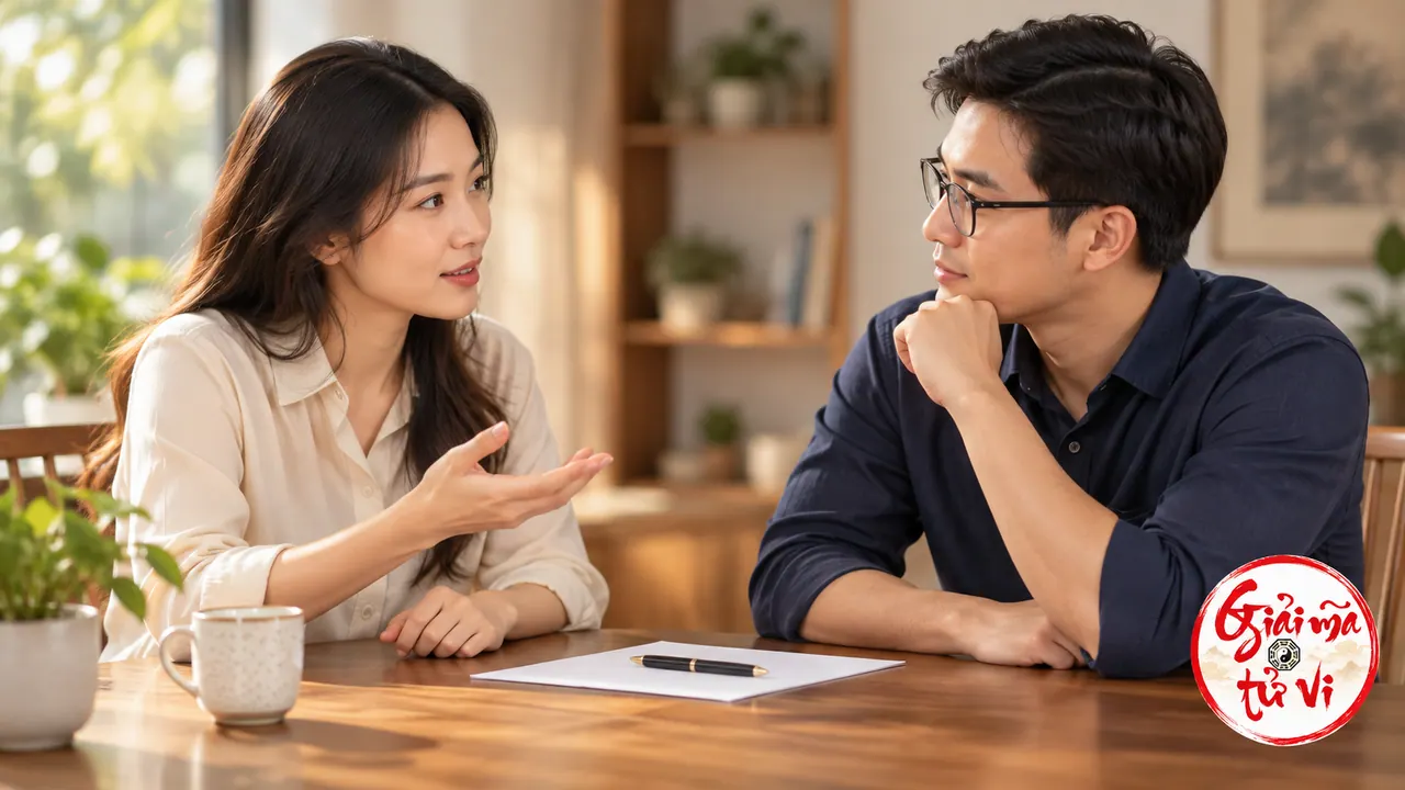 Hai người ngồi trao đổi bên tờ giấy và bút trên bàn, logo Giải Mã Tử Vi ở góc dưới phải