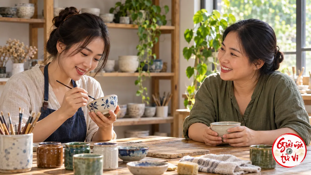 Hai người phụ nữ trao đổi bên bàn vẽ bát gốm, cọ và lọ màu trong xưởng sáng cửa sổ