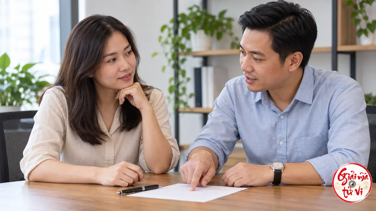 Hai đồng nghiệp trao đổi bên giấy và bút tại bàn họp, logo Giải Mã Tử Vi ở góc dưới phải