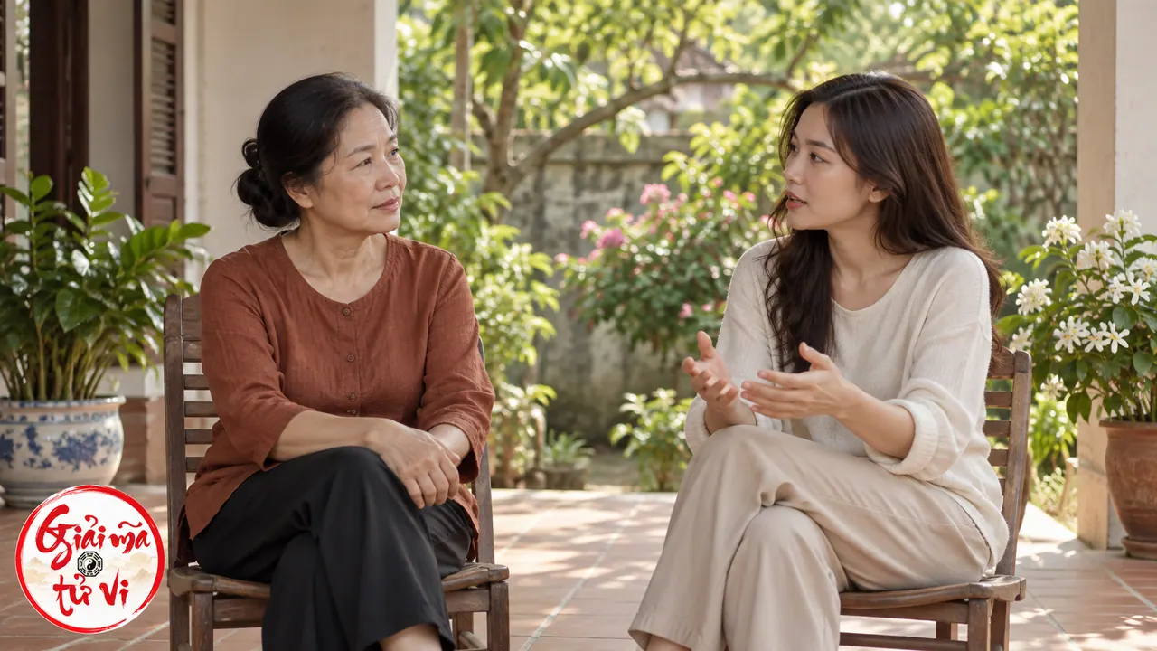 Hai phụ nữ ngồi trao đổi trên hiên nhà nhìn ra vườn, người mặc áo sáng đang nói