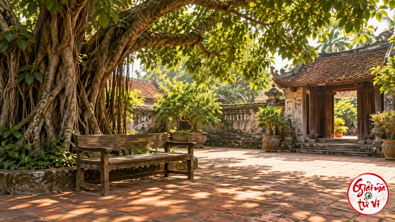 Cây đa lớn tỏa bóng trên ghế gỗ trống và sân gạch trong một khu nhà cũ