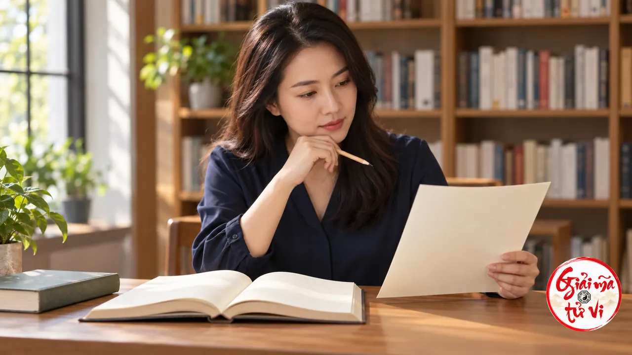Một phụ nữ cầm tờ giấy bên cuốn sách mở trên bàn trong thư viện
