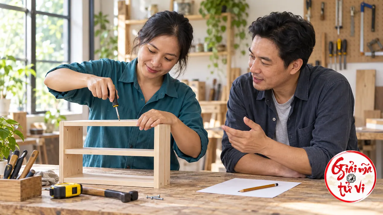 Một phụ nữ dùng tua vít lắp kệ gỗ, người bên cạnh trao đổi tại bàn làm việc