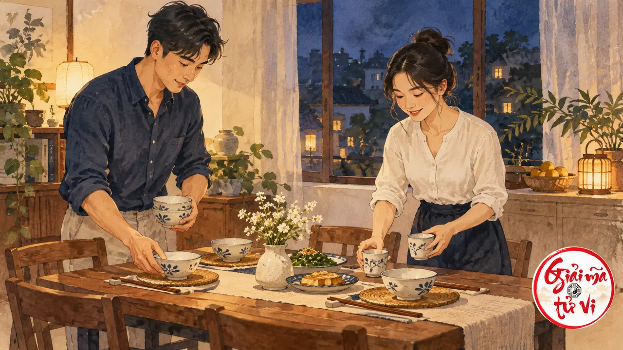 Hai người cùng đặt bát và cốc lên bàn ăn trong nhà, logo Giải Mã Tử Vi ở góc dưới phải