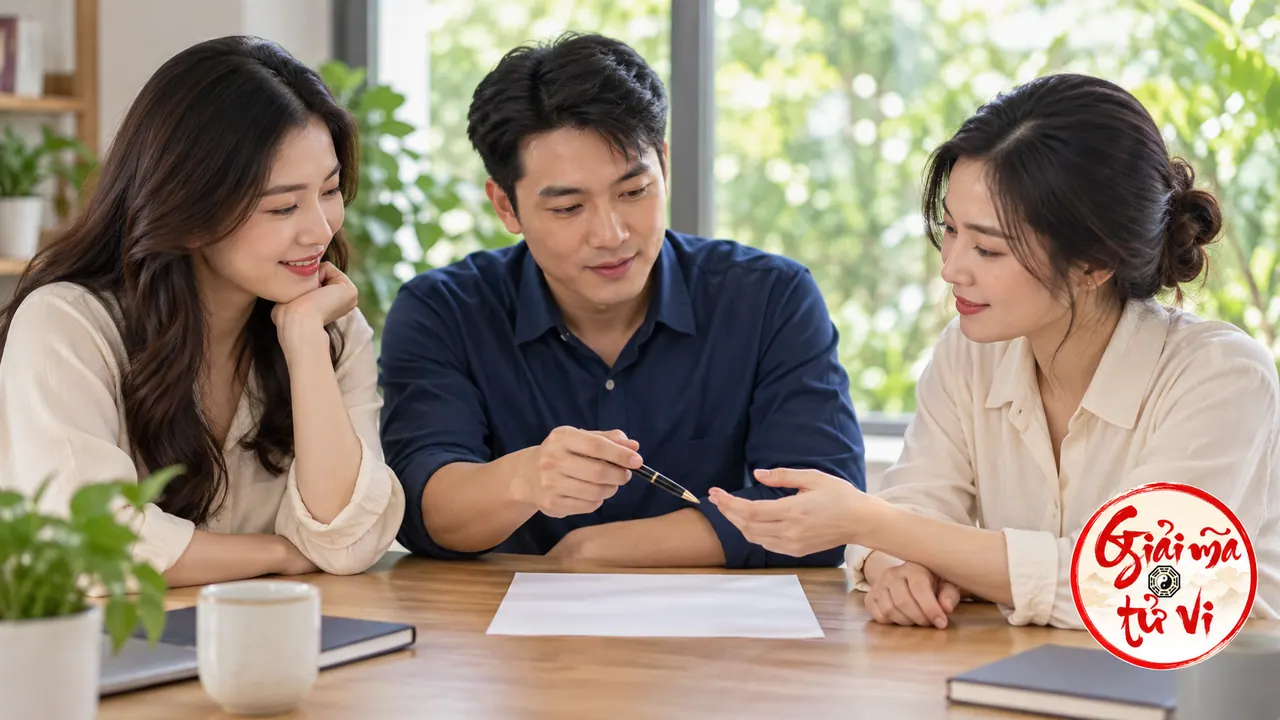 Ba người trao đổi bên giấy và bút tại bàn họp, logo Giải Mã Tử Vi ở góc dưới phải