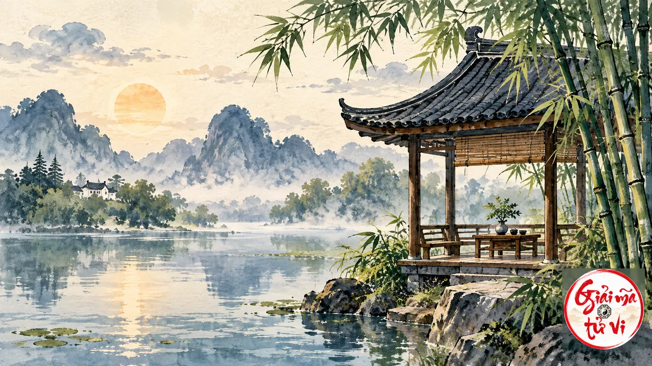 Chòi gỗ mái ngói bên hồ, trúc xanh và núi xa trong tranh màu nước, logo Giải Mã Tử Vi ở góc dưới phải