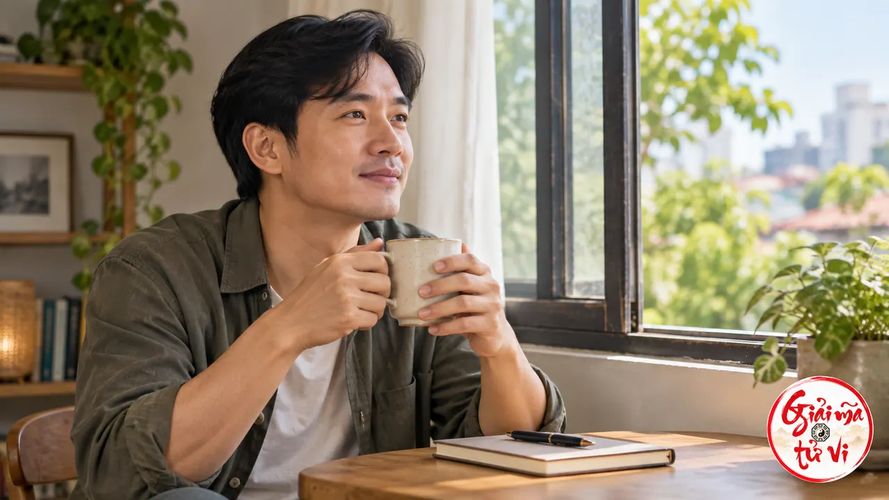 Người đàn ông cầm cốc bên cửa sổ, sách đóng và bút trên bàn, logo Giải Mã Tử Vi ở góc dưới phải