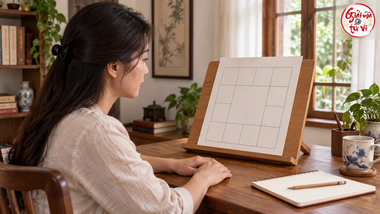 Người phụ nữ nhìn tờ giấy chia ô đặt trên giá gỗ, hai tay đặt trên bàn cạnh sổ, bút chì và chén trà, logo Giải Mã Tử Vi ở góc phải trên