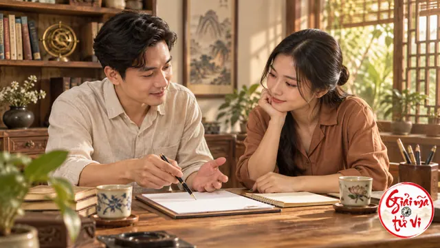 Hai người trao đổi bên sổ mở và tờ giấy trên bàn trong phòng đọc