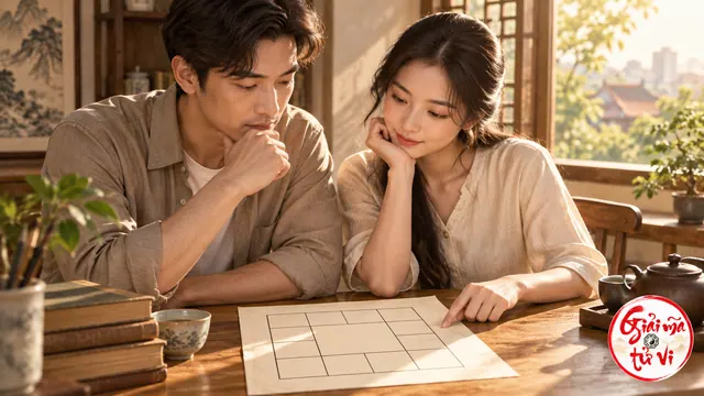 Hai người xem tờ giấy có các ô vuông trên bàn gỗ cạnh cửa sổ
