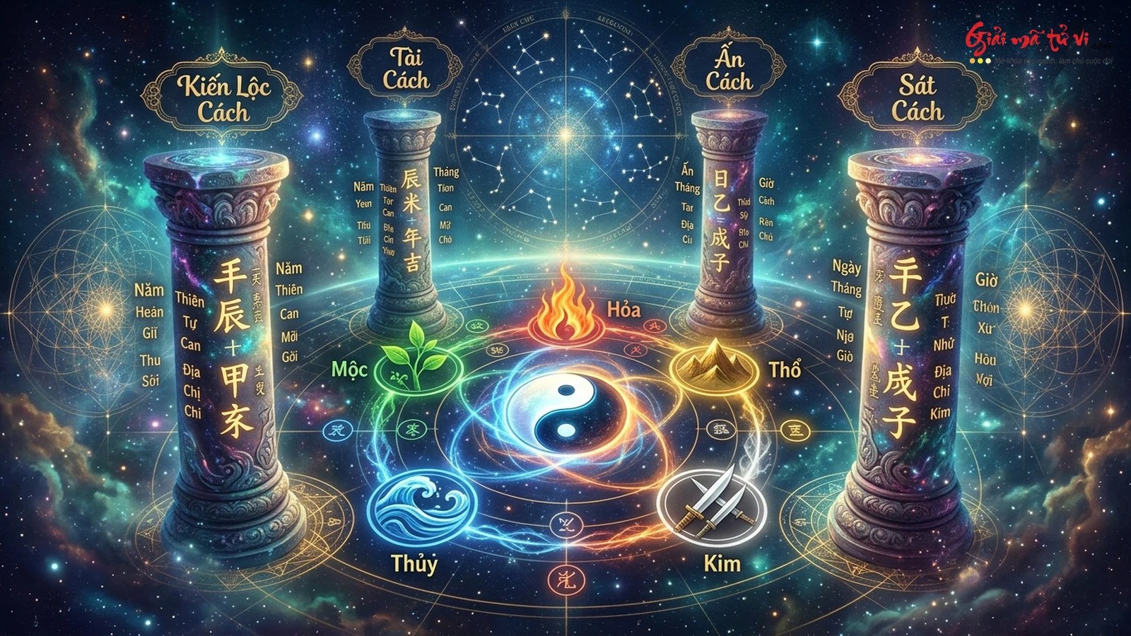 Bản đồ Thái Cực Bát Tự Tứ Trụ với 4 trụ Thiên Can Địa Chi tỏa sáng huy hoàng và các thế trận Cách Cục Ngũ Hành quang minh rực rỡ