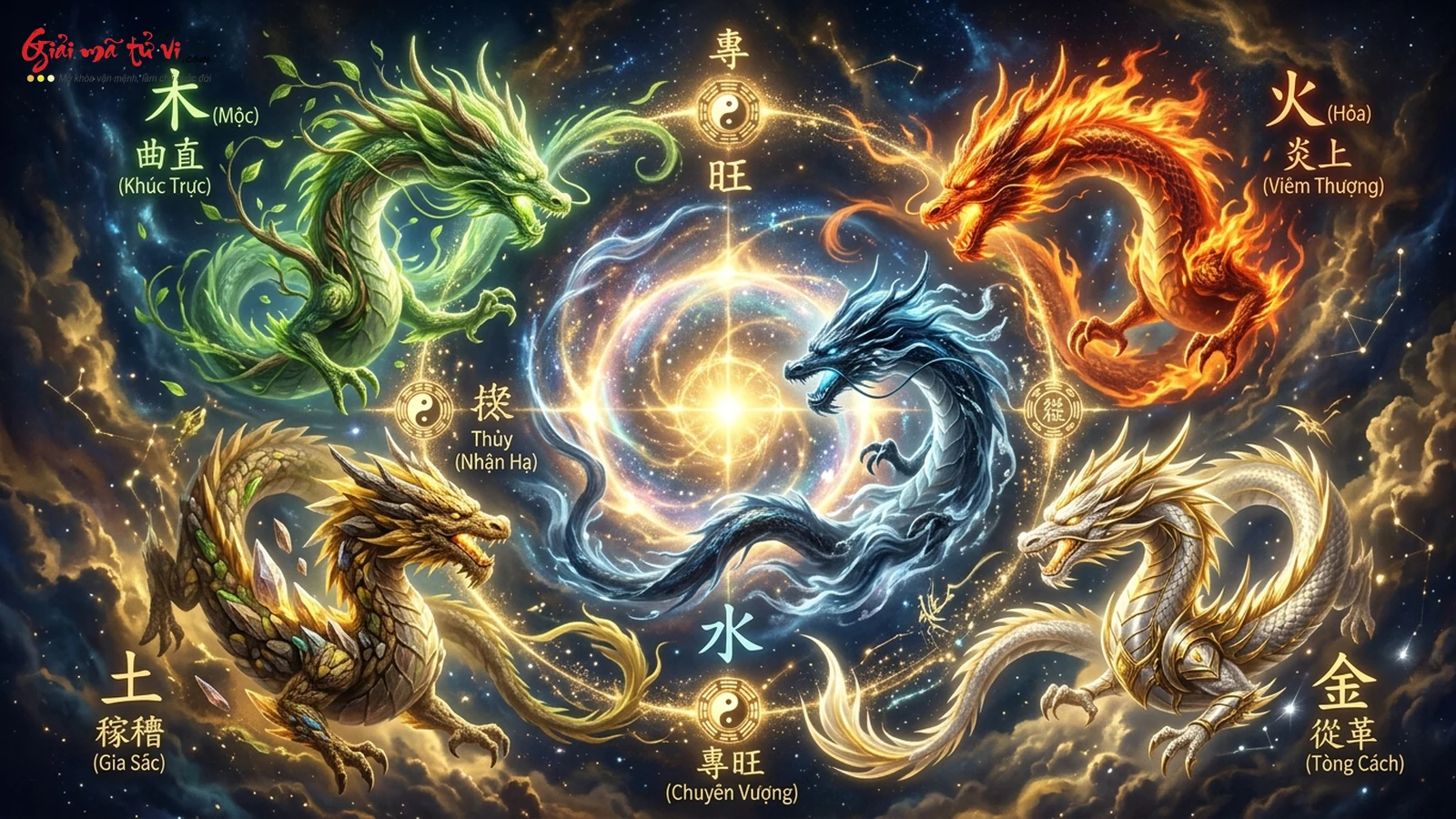 Hình tượng 5 dòng khí Ngũ Hành Chuyên Vượng Cách và Tòng Cách trong Bát Tự Tứ Trụ với 5 thần thú Mộc Khúc Trực, Hỏa Viêm Thượng, Thổ Giá Sắc, Kim Tòng Cách, Thủy Nhuận Hạ