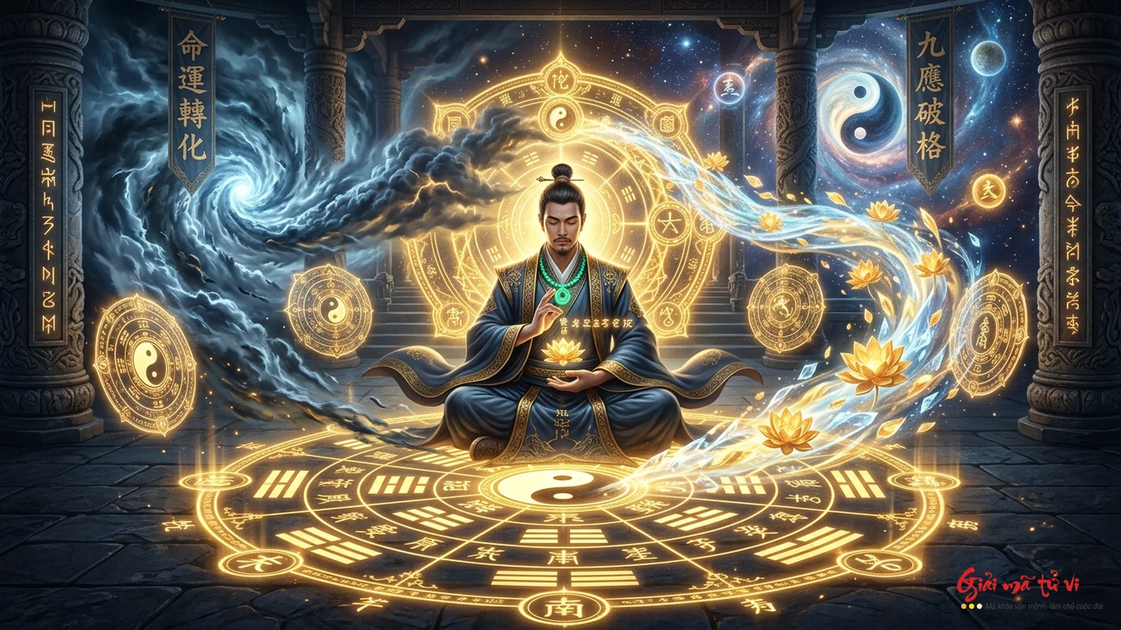 Hình ảnh ẩn dụ chuyển hóa vận mệnh Cứu Ứng Phá Cách trong Bát Tự Tứ Trụ từ hỗn độn sóng gió thành ánh sáng vàng kim giác ngộ thành tựu