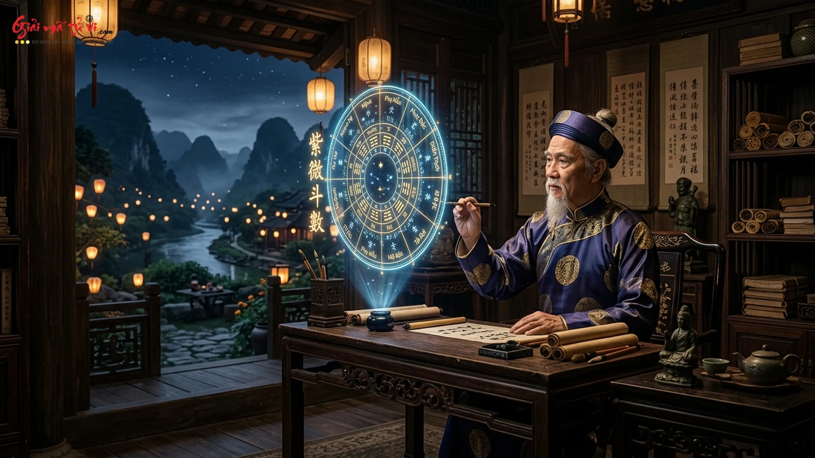 Học giả thông thái đang luận giải đồ trận cách cục Tử Vi đa chiều trong thư phòng yên tĩnh giữa non nước hữu tình