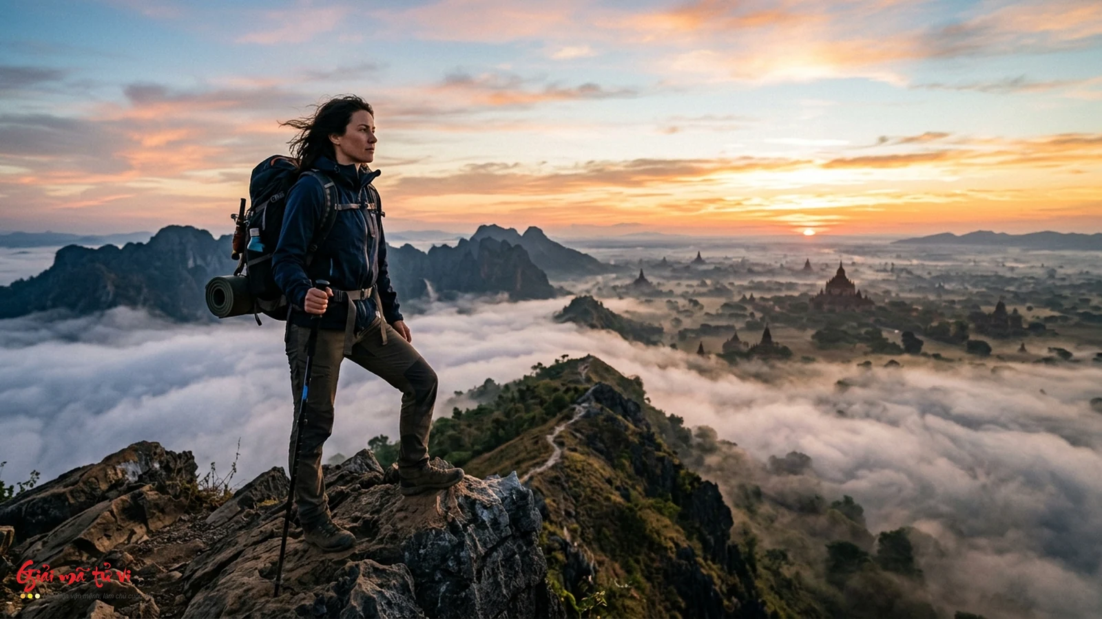 Người leo núi kiên định đứng trên đỉnh đồi đá nhìn về rặng núi hùng vĩ trong ánh bình minh vàng rực rỡ