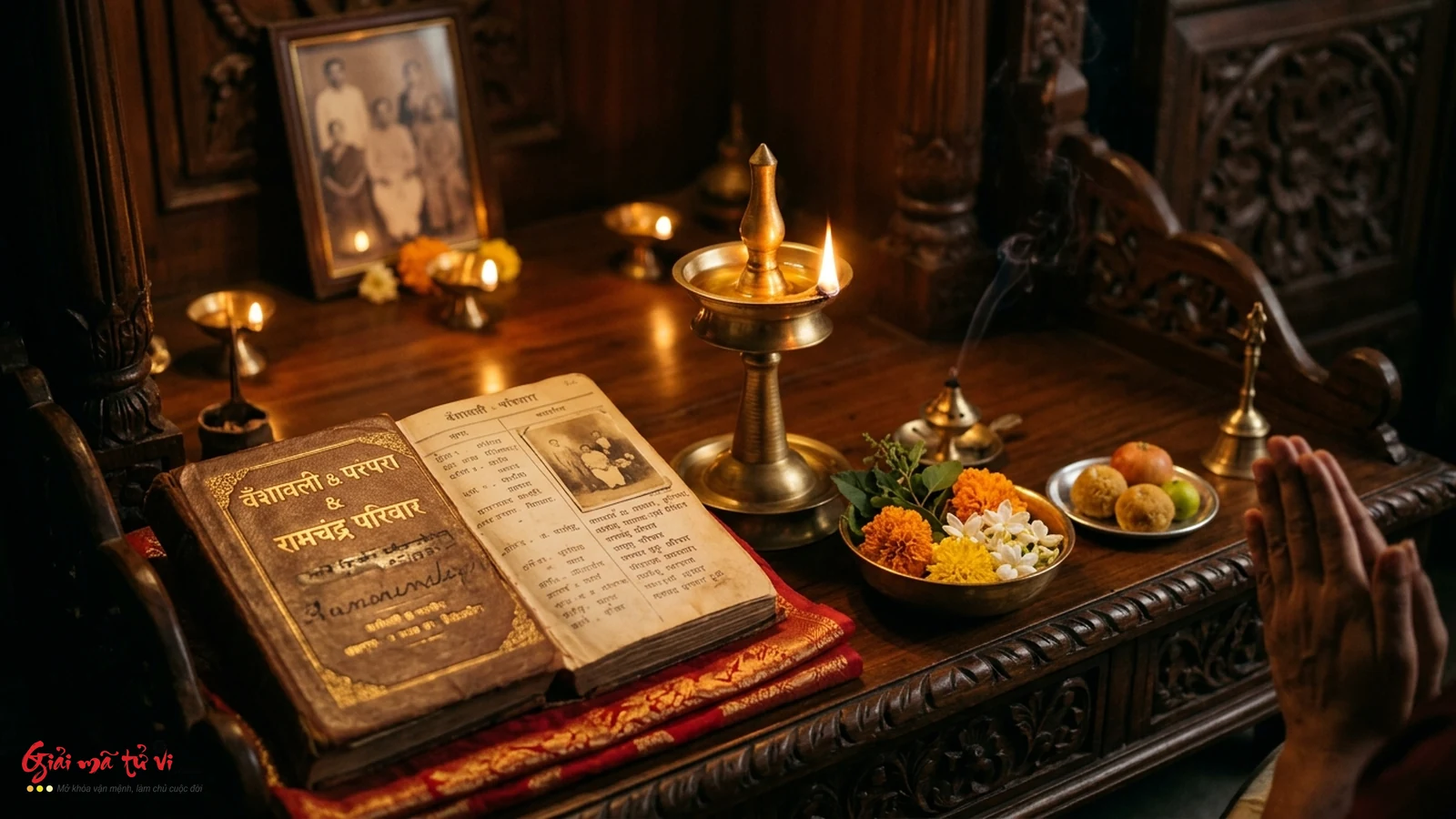 Ngọn đèn dầu ấm áp tỏa sáng trên cuốn gia phả cổ và đĩa quả tươi dâng lên bàn thờ tổ tiên