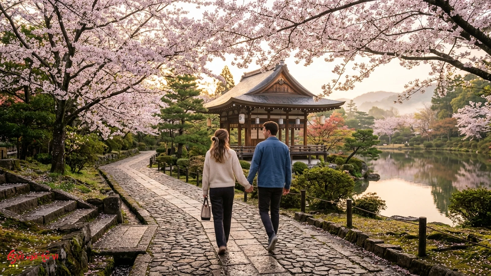 Đôi bạn đời dắt tay nhau đi dạo trên con đường lát đá giữa vườn hoa anh đào nở rộ rực rỡ