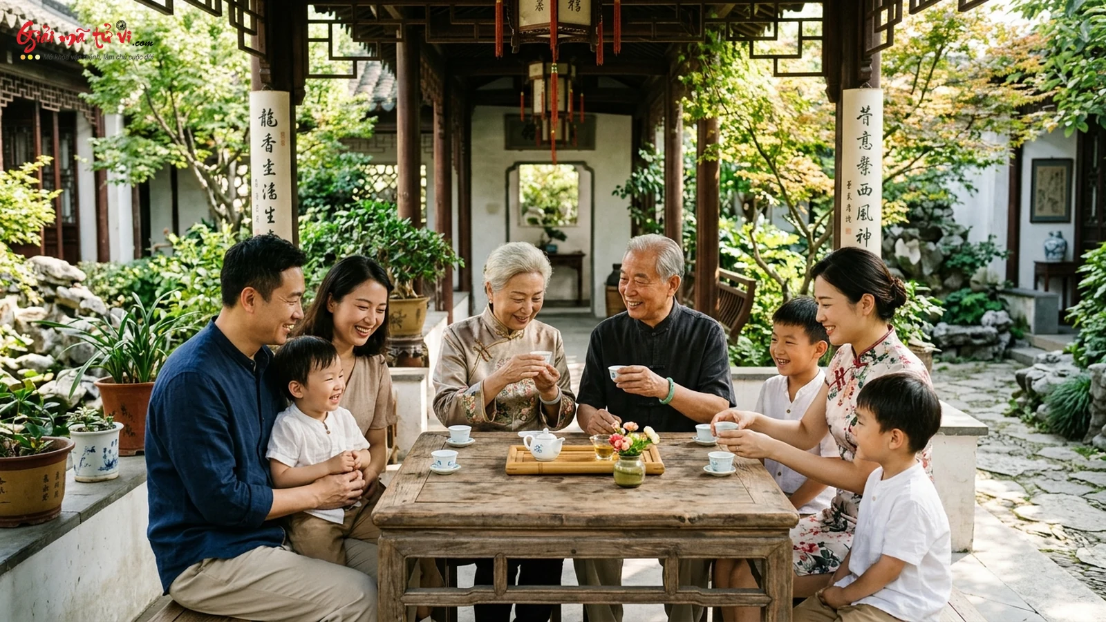 Gia đình ba thế hệ quây quần thưởng trà đầm ấm trong sân vườn nhà rường truyền thống
