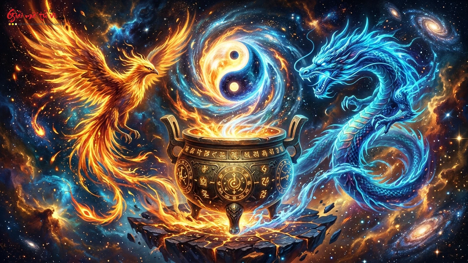 Hình ảnh nghệ thuật biểu tượng Lục Xung và Tam Hình trong Bát Tự với ngọn lửa phượng hoàng và rồng xanh đối đầu chuyển hóa thành Thái Cực hòa hợp