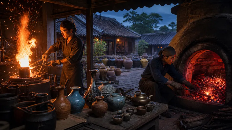Hai nghệ nhân kiểm soát ngọn lửa bùng phát và than hồng âm ỉ trong xưởng thủ công