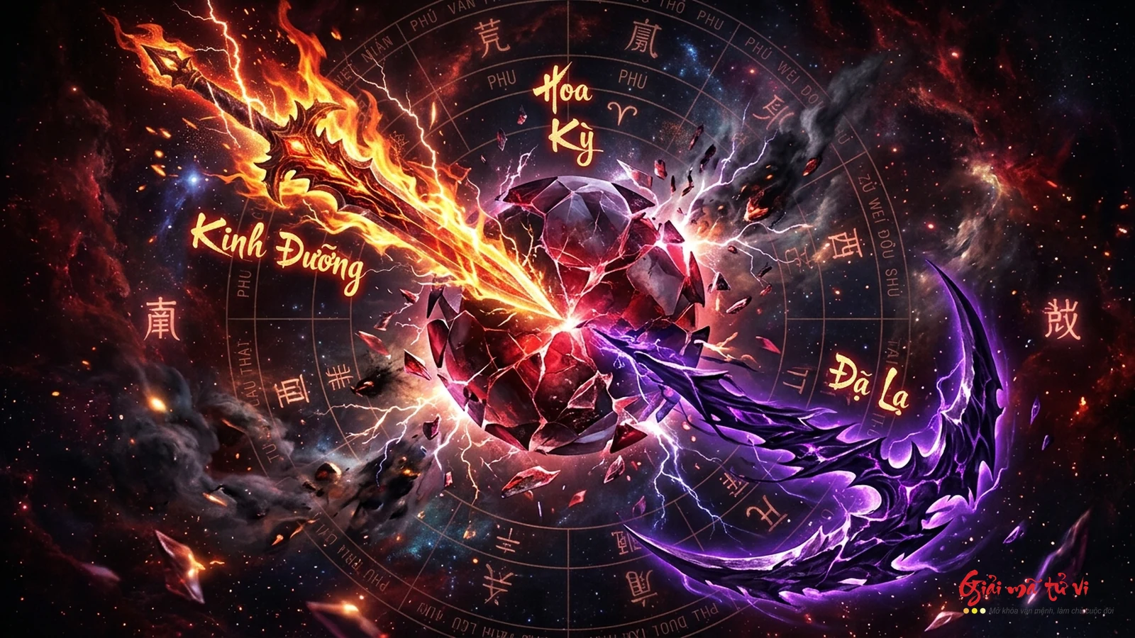 Đồ hình Kình Đà Hiệp Kỵ trong Tử Vi Đẩu Số với lõi Hóa Kỵ vỡ vụn bị đao kiếm Kình Dương và lưỡi liềm Đà La công phá