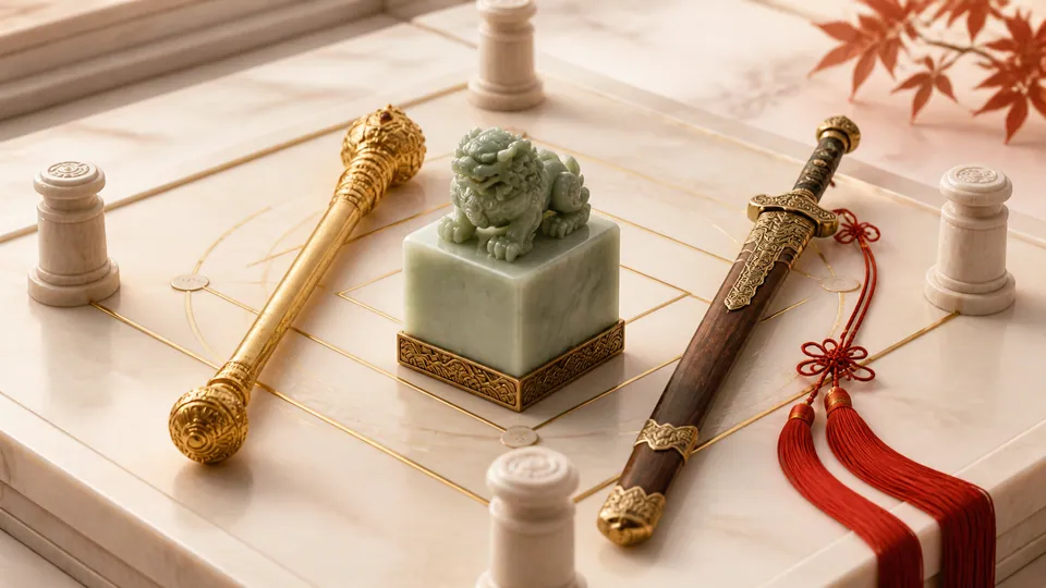 Trượng lệnh ngọc tỷ và kiếm nghi lễ trên nền bốn trụ biểu trưng quyền uy và trí tuệ
