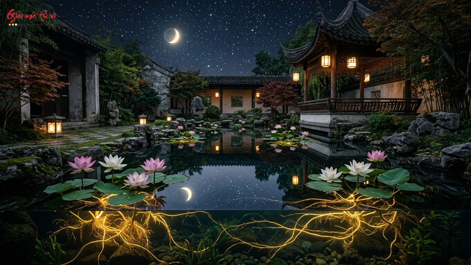 Mặt nước hồ sen tĩnh lặng ban đêm phản chiếu ánh trăng cùng hệ thống rễ cây ngầm phát sáng