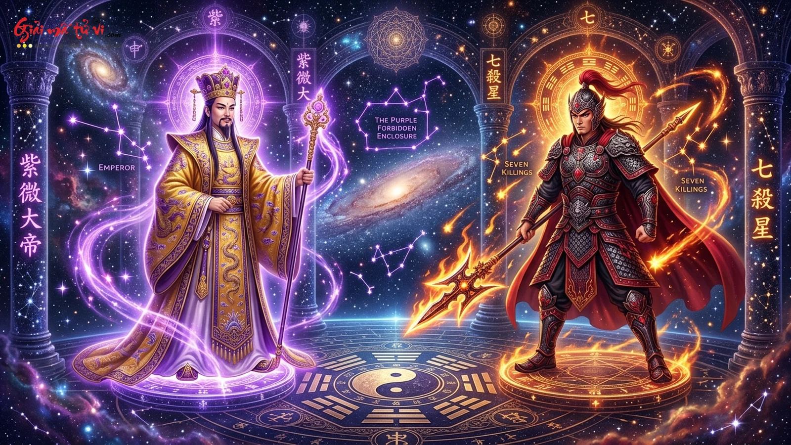 Minh họa sự cân bằng hòa hợp giữa hai đại hình mẫu tinh đẩu Tử Vi Đế Vương và Thất Sát Tướng Soái trong vũ trụ sao