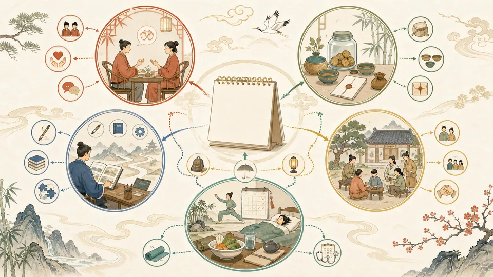 Minh họa năm lĩnh vực chuẩn bị chủ động gồm quan hệ tài chính nghề nghiệp gia đình và sức khỏe