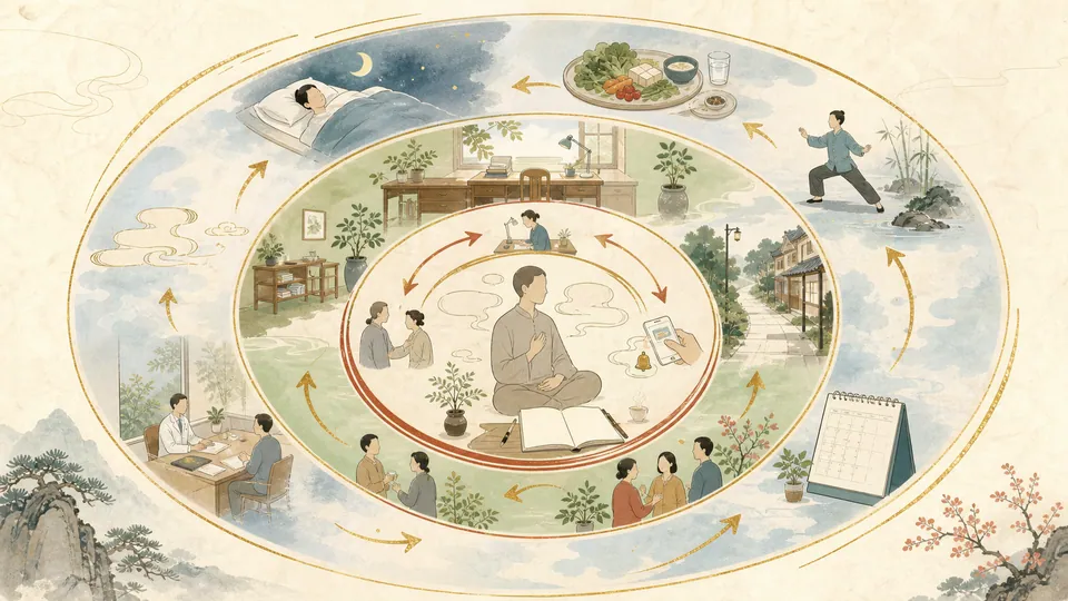 Minh họa bốn lớp chủ động gồm phản chiếu hành động môi trường hỗ trợ và sức khỏe cơ bản
