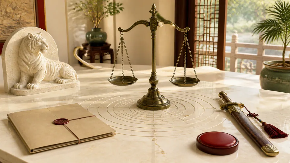Cán cân công lý trên tinh bàn hình học cùng hồ sơ pháp lý kiếm nghi lễ và phù điêu bạch hổ