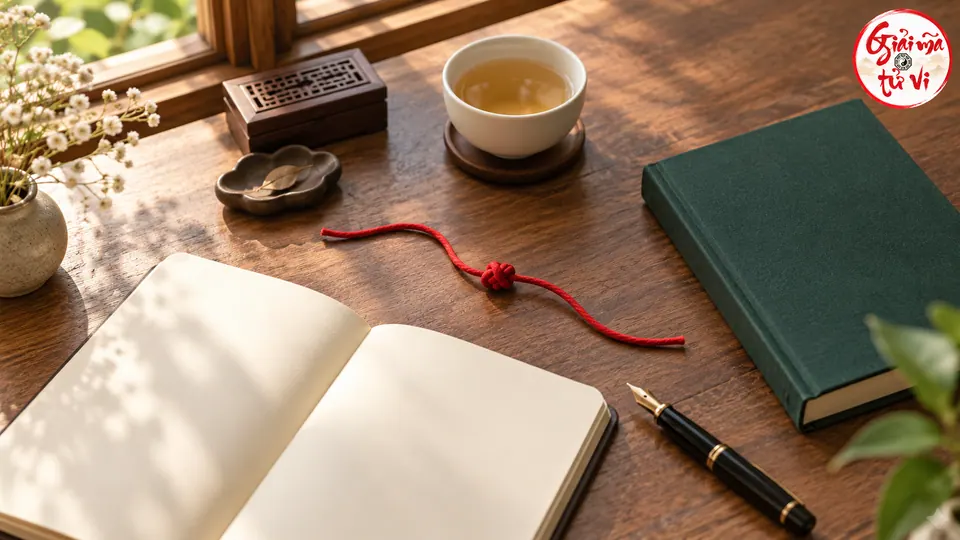Dây đỏ có một nút thắt trên bàn giữa sổ mở để trống, sách xanh, bút và chén trà, logo góc trên phải