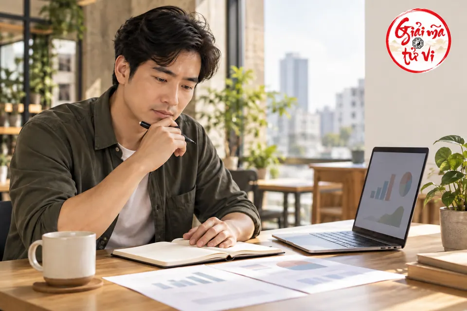 Người sáng lập doanh nghiệp Việt Nam xem lại sổ kế hoạch và biểu đồ kinh doanh trong không gian làm việc; logo Giải Mã Tử Vi ở góc phải trên