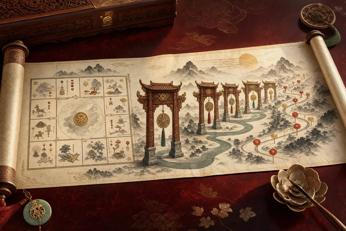 Trường quyển mô tả hành trình từ mệnh bàn qua các cổng đại vận đến con đường lưu niên