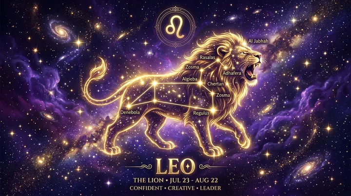 Biểu tượng chòm sao Sư Tử Leo ánh vàng rực rỡ cùng ngôi sao hoàng đạo Regulus trên nền bầu trời đêm vũ trụ