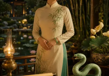 Người phụ nữ mặc áo dài màu kem thêu tre đứng cạnh đèn dầu, tượng rắn xanh và chậu sen